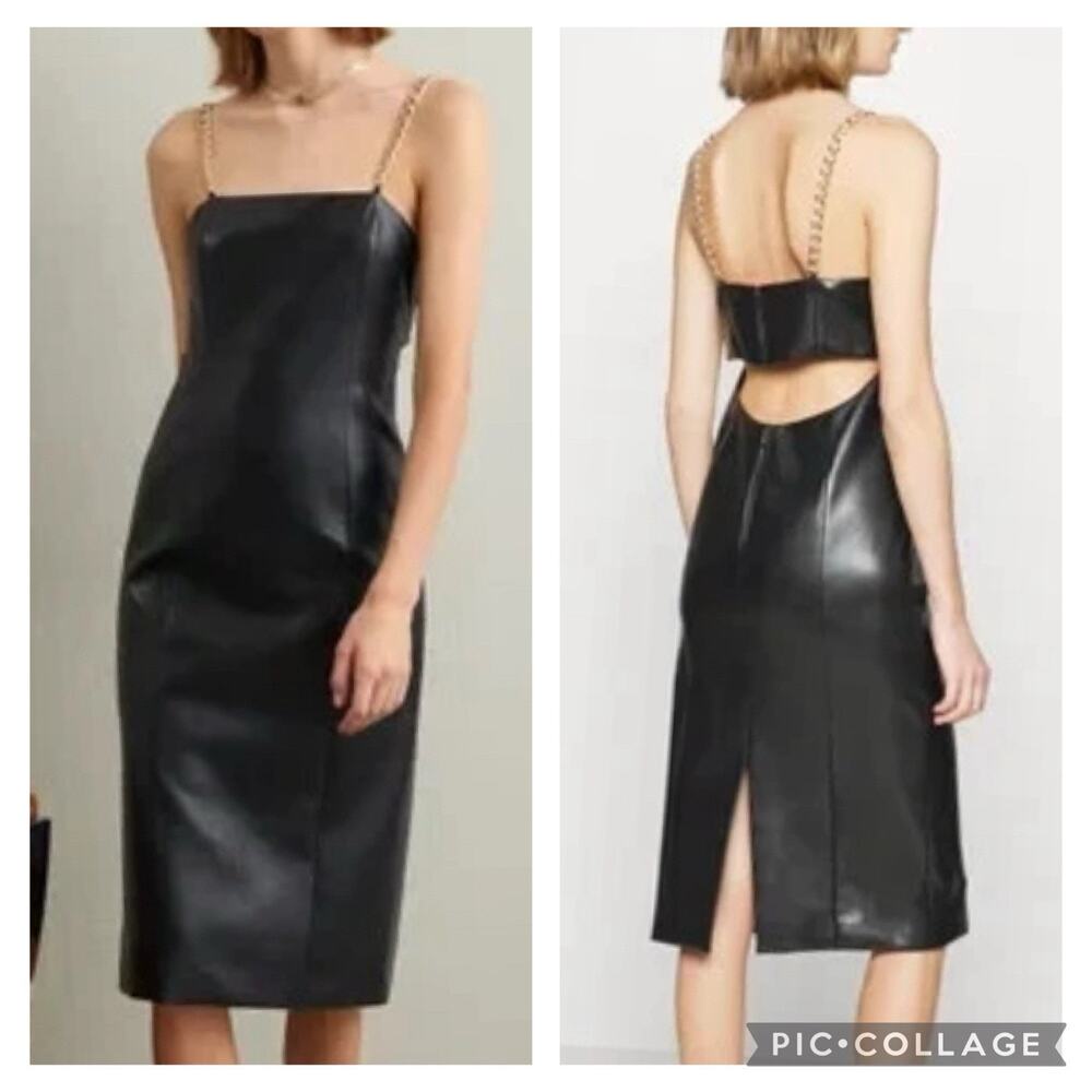 NWT Alice + Olivia Fifi Vegan Faux Leather Chain-Strap Dress Women Black Size 4